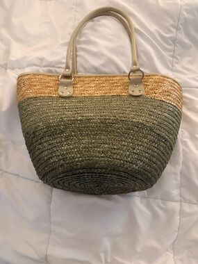 Olive and Natural Straw Tote with Cream Handles